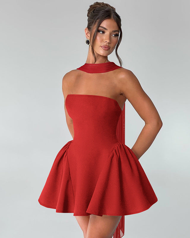 Woman in a strapless flared mini dress
