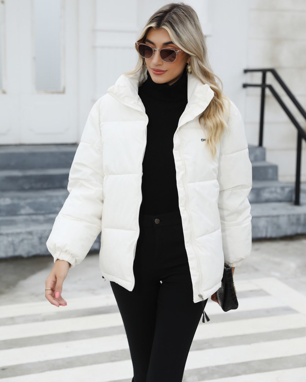 Woman wearing a padded puffer jacket