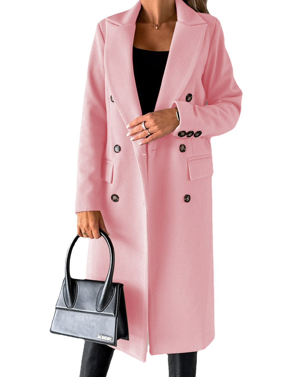 Woman in long double-breasted coat