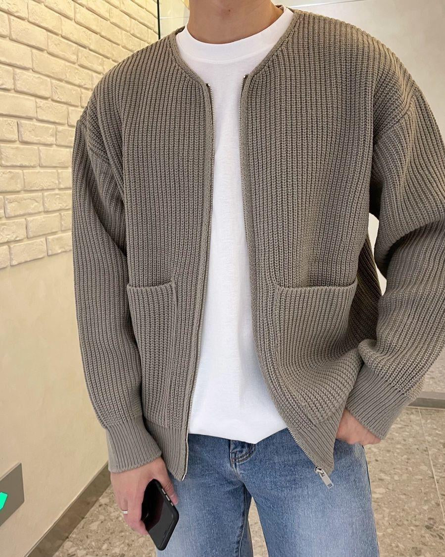 Men's chunky knit zip cardigan with pockets