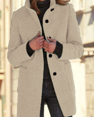 Woman in stand collar button coat