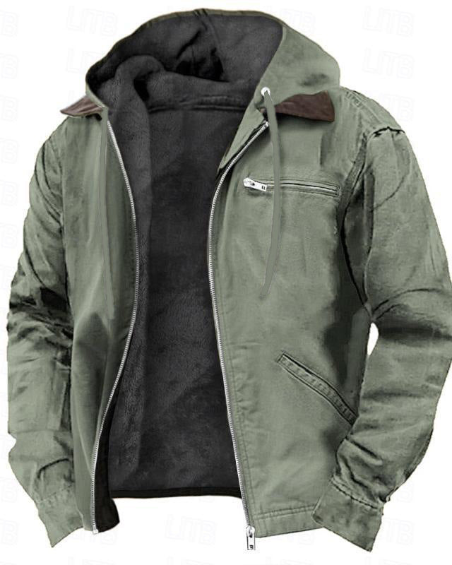 Man wearing a fleece-lined hooded zip jacket