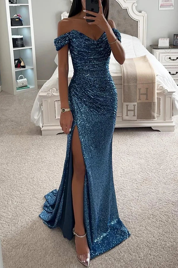 Women's Sequin Off-Shoulder Ruched Slit Maxi Dress