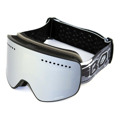 Black frameless ski goggles with blue mirror lens