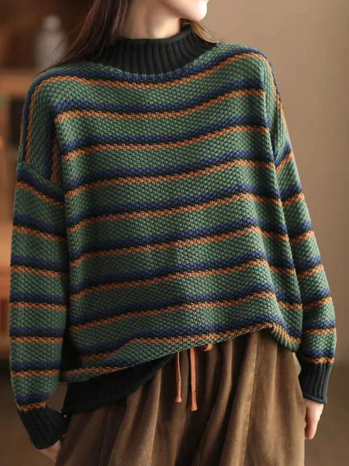 Women's Striped Turtleneck Sweater Ribbed Oversized