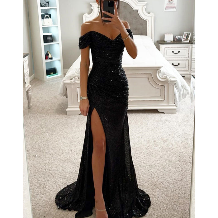 Madison | Sequin Evening Dress with Off-Shoulder Neckline and Slit