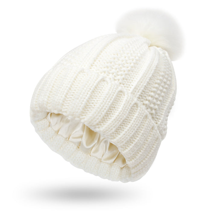 Taylor | Satin Lined Knit Beanie with Faux Fur Pom Pom