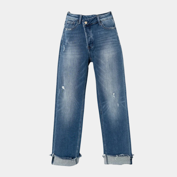 Women's High-Waisted Straight-Leg Jeans with Cuffed Hem