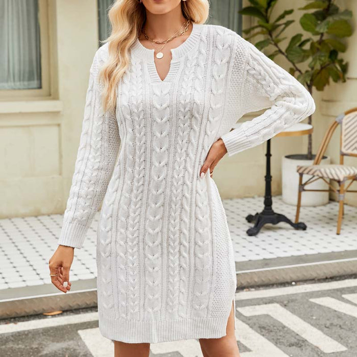 Women's Cable-Knit Sweater Dress with V-Neck and Long Sleeves