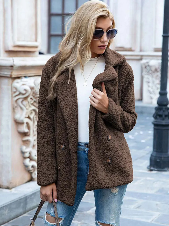 Women's Double-Breasted Teddy Coat with Notch Lapels
