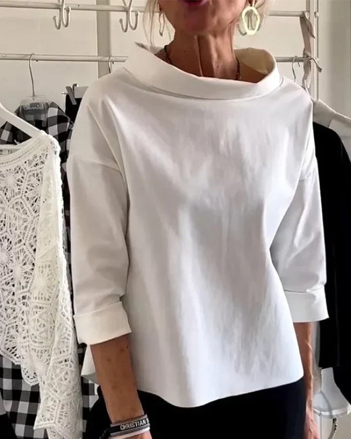 Women's Cowl Neck Top with Wide Lapels and 3/4 Sleeves