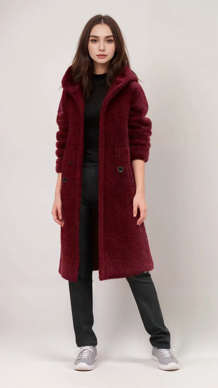 Women's Teddy Coat with Wide Notch Collar and Button Front