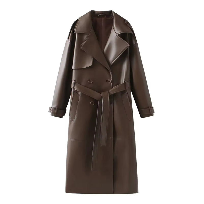 Women's Belted Trench Coat with Long Sleeves and Lapel