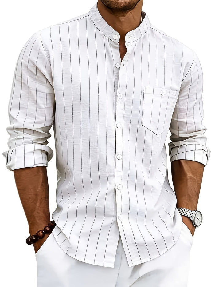 Men's Striped Button-Up Shirt with Stand Collar