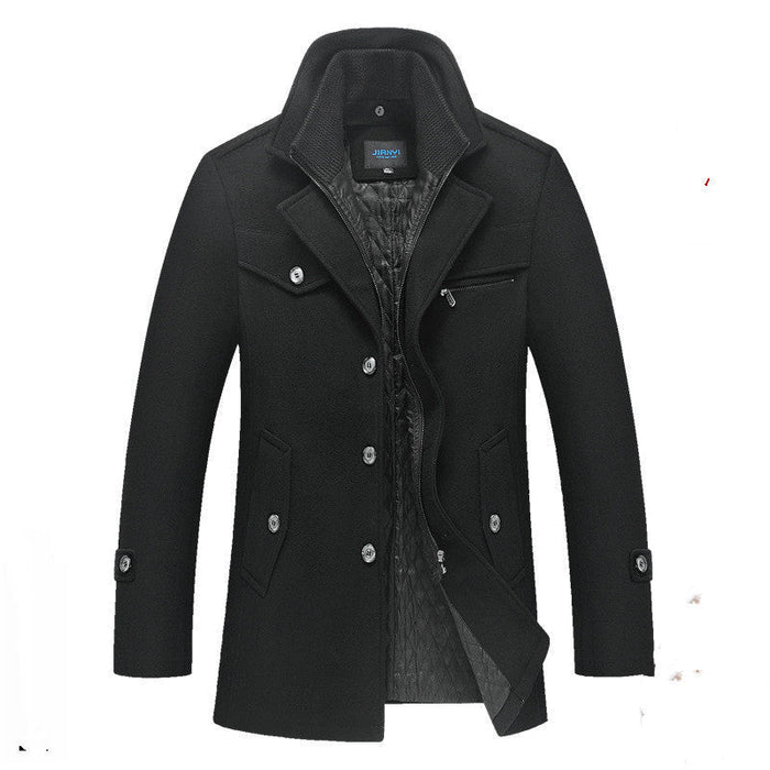 Men's Quilted Long Wool Coat with Ribbed Collar