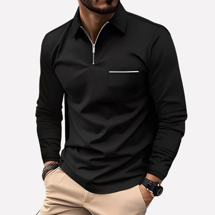 Men's Long-Sleeve Polo Shirt with Collar and Chest Pocket