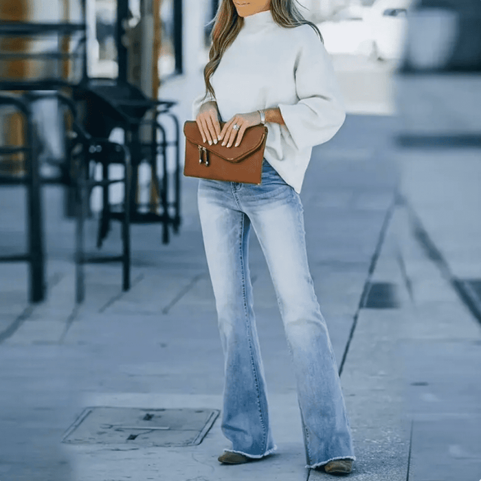 Women's High-Waist Flare Jeans with Distressed Hem