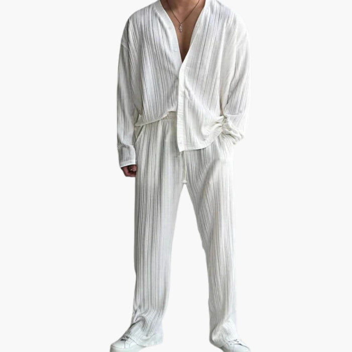 Men's Pleated Texture Set with Long Sleeve Shirt and Pants