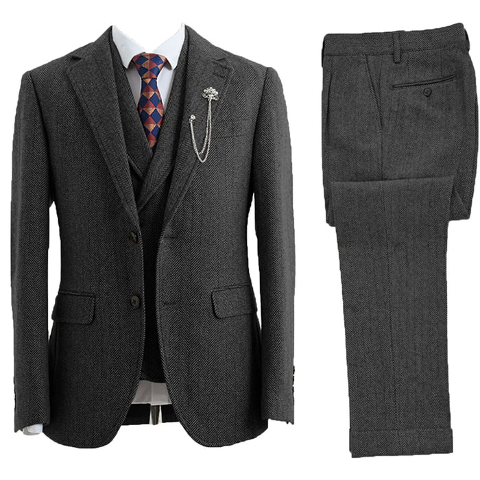 Men's 3-Piece Herringbone Suit Notch Lapel Tailored Fit