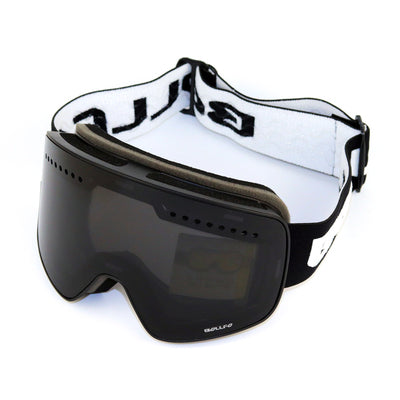 Black frameless ski goggles with blue mirror lens