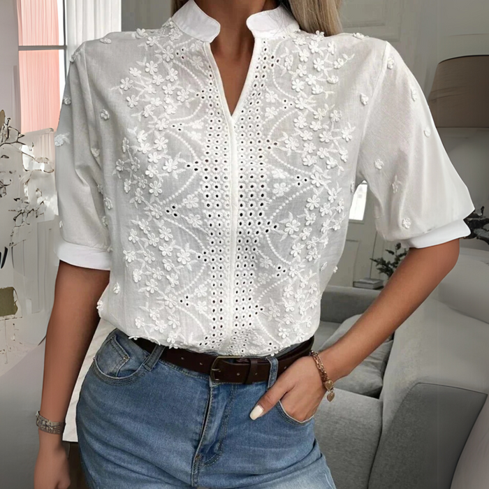 Women's Embroidered Blouse V-Neck Short Sleeve