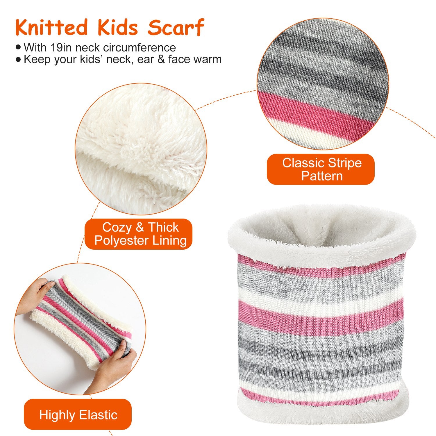 Striped kids beanie with pompom, neck warmer and gloves