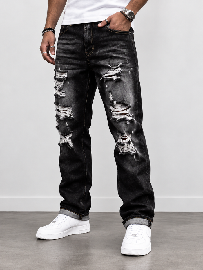 Men's Distressed Straight-Leg Jeans with Frayed Details