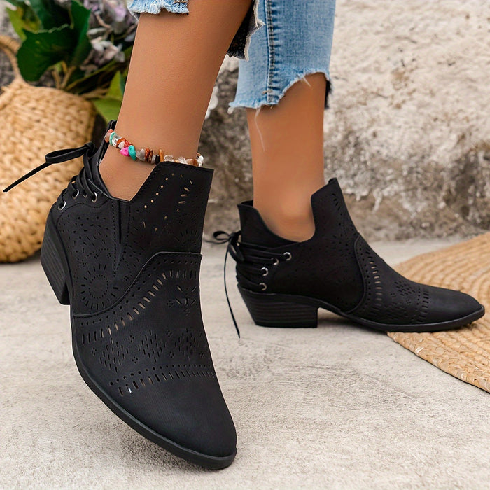 Women's Cutout Ankle Boots with Block Heel and Lace Detail