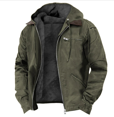 Man wearing a fleece-lined hooded zip jacket
