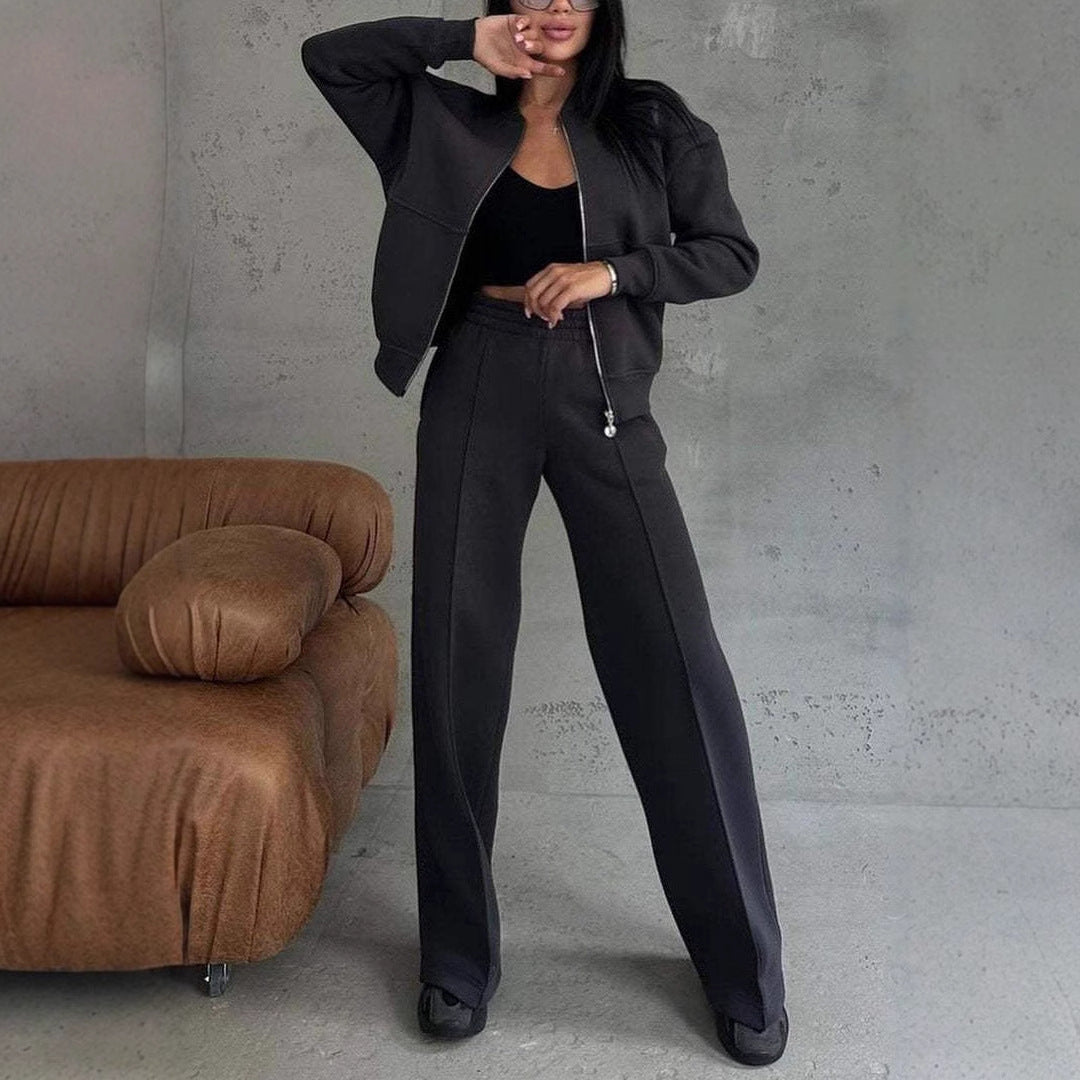 Woman in a zip jacket and wide-leg pants set