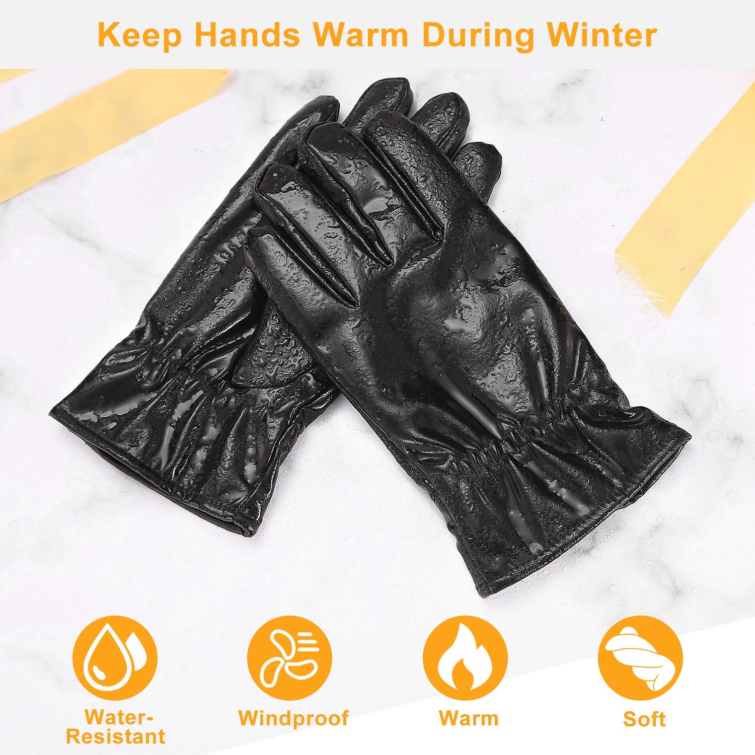 Black leather winter gloves with soft lining