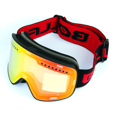 Black frameless ski goggles with blue mirror lens