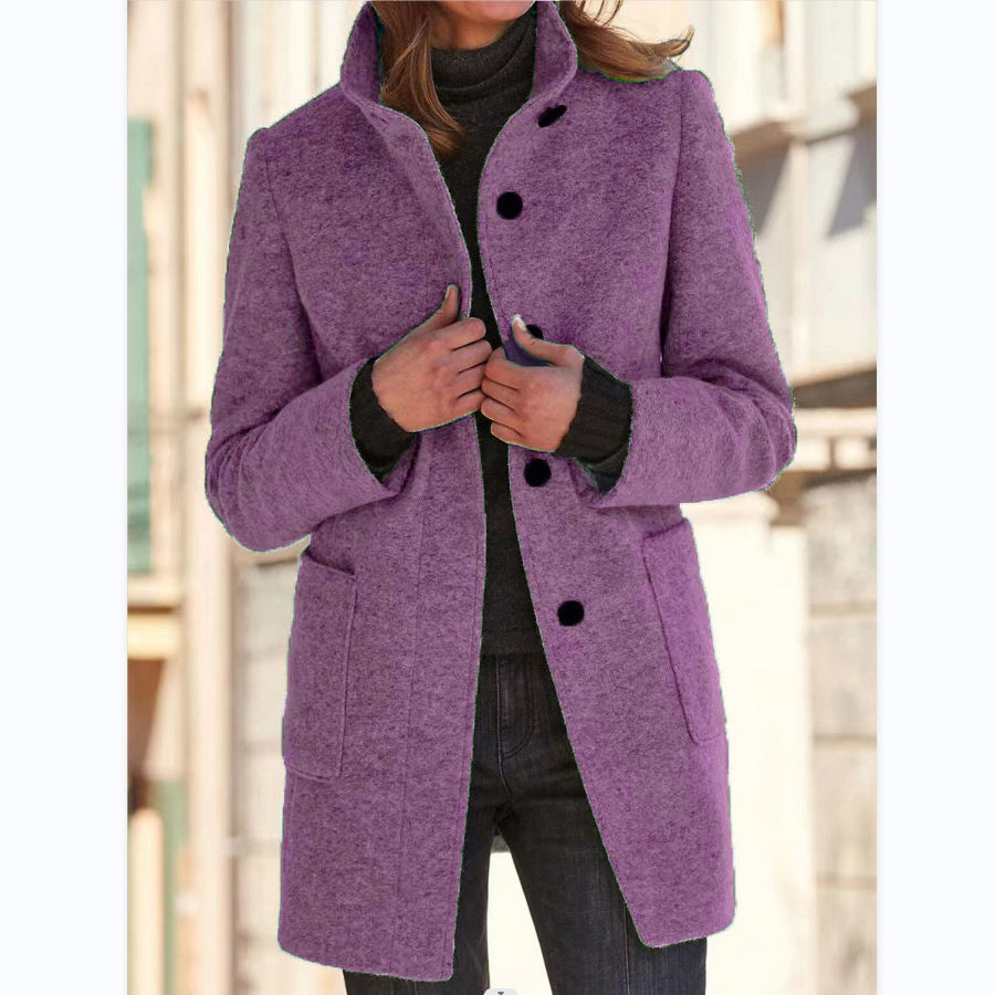 Woman in stand collar button coat