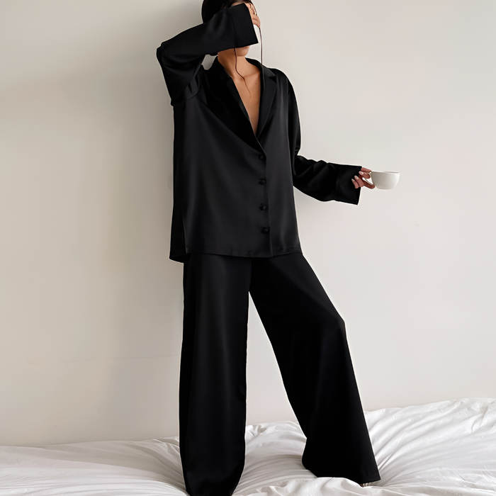 Women's Button-Up Lounge Set with Wide-Leg Pants