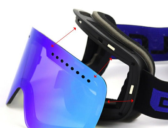 Black frameless ski goggles with blue mirror lens