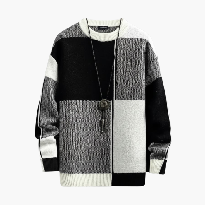 Men’s Sweater with Block Pattern and Ribbed Edges