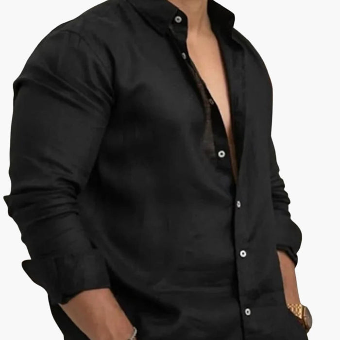 Men's Long Sleeve Shirt with Button Placket and Straight Hem