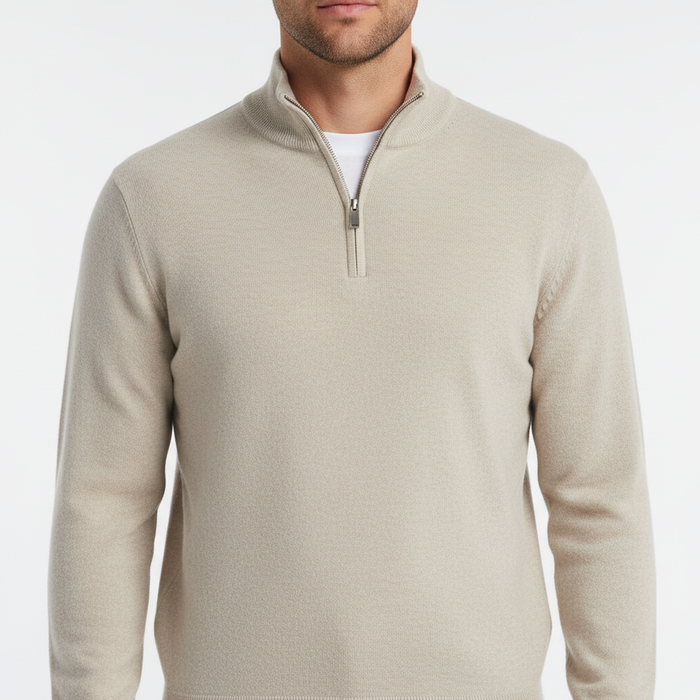 Men's Quarter-Zip Sweater with V-Neck and Ribbed Trim