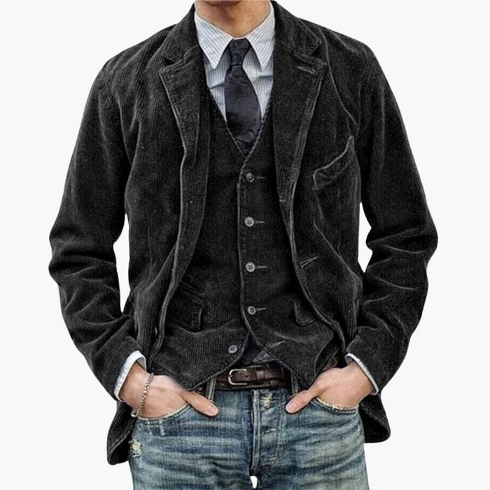 Men’s Jacket and Vest with Lapel Collar and Button Closure