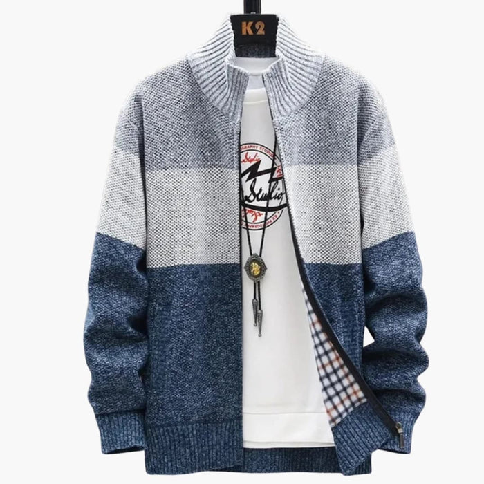 Men’s Knit Zip Cardigan with High Collar and Ribbed Hem