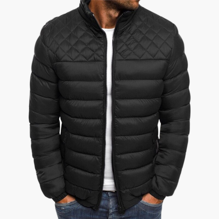 Men's Quilted Bomber Jacket with Zip Closure and Long Sleeves
