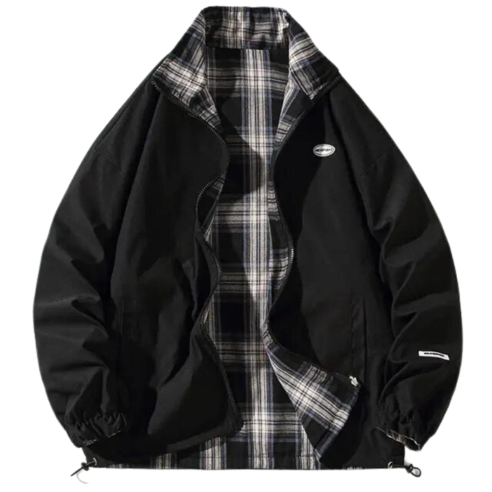 Men's Retro Bomber Jacket with Zip Closure and Checked Lining