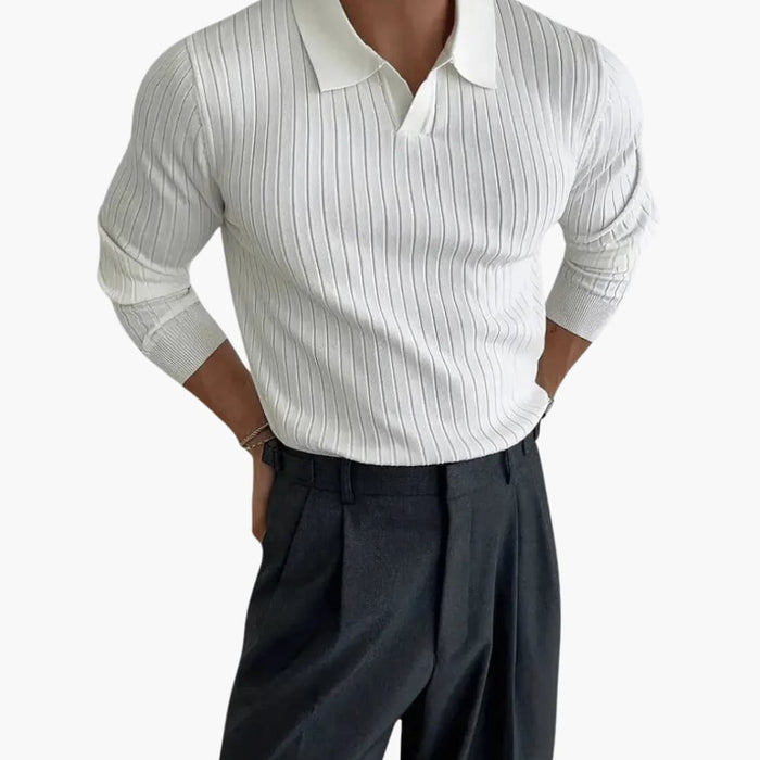 Men’s Ribbed Knit Sweater with Polo Collar and Long Sleeves