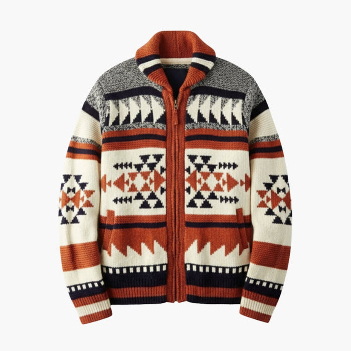 Men’s Zip Cardigan with Jacquard Pattern and Stand Collar