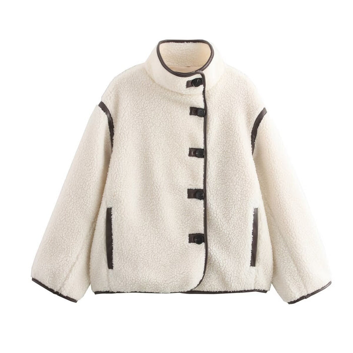 Women's Teddy Button-Front Jacket with Stand Collar