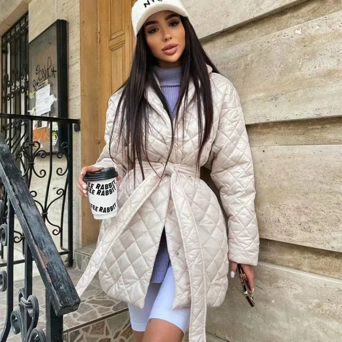 Women's Quilted Puffer Coat with Belt and Shawl Collar