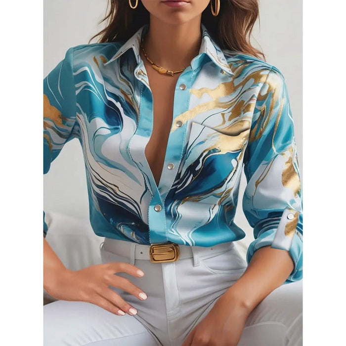 Women's Marble Print Button-Down Satin Shirt with Collar