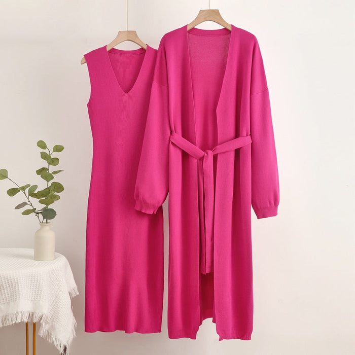 Women's V-Neck Sleeveless Dress with Belted Cardigan Set