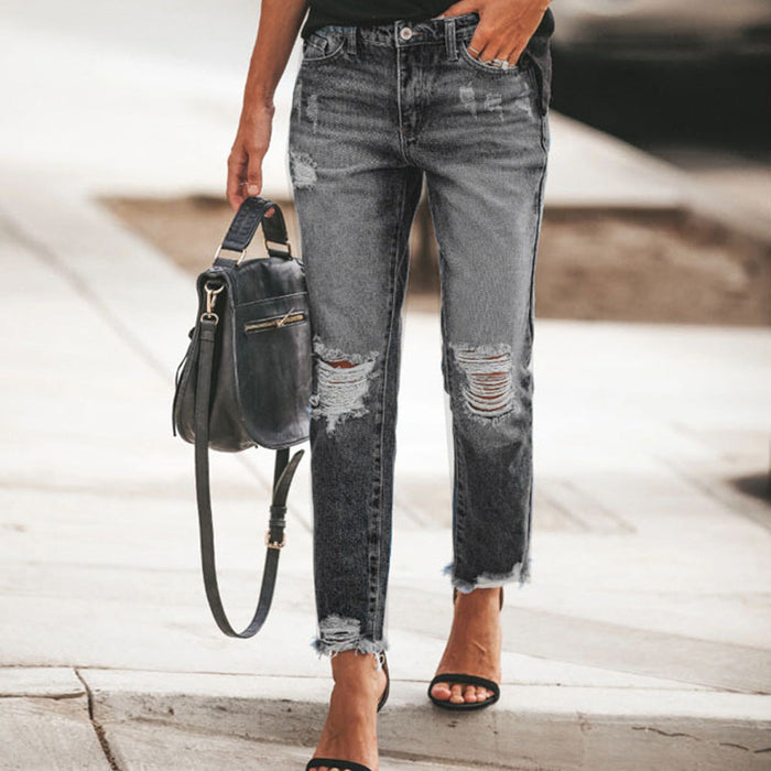 Women's Distressed Straight-Leg Jeans Frayed Hem