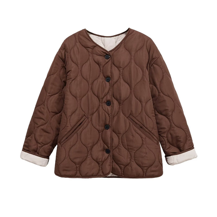 Women's Quilted Button-Front Jacket with V-Neck